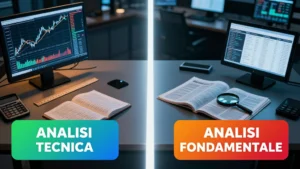 Confronto visivo tra analisi tecnica con grafici a candele e analisi fondamentale con giornali e dati finanziari.