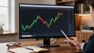 Persona che studia un grafico a candele giapponesi per fare trading