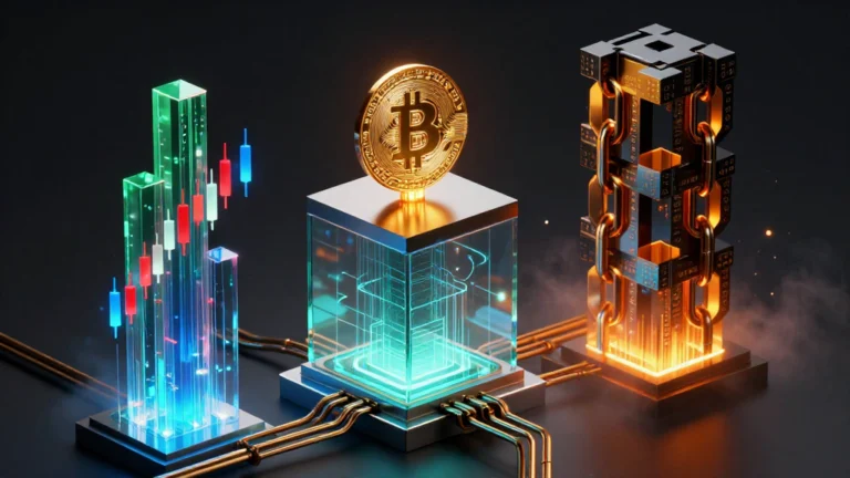 Rappresentazione concettuale di grafici azionari e tecnologia blockchain uniti a una moneta Bitcoin per i nuovi ETF di Franklin Templeton.