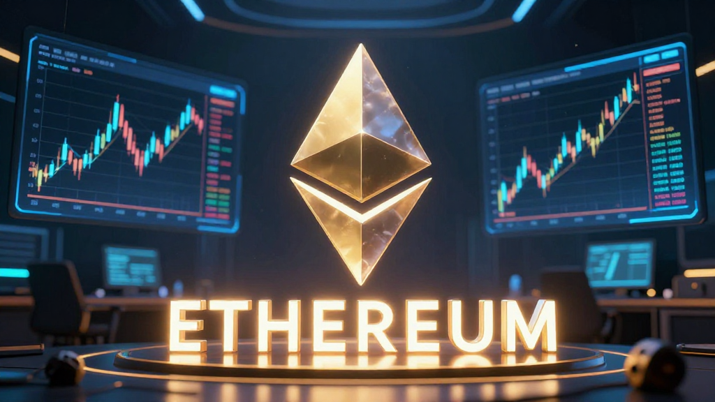 Grafico finanziario di Ethereum con logo 3D e schermi di trading sul rendimento dello staking