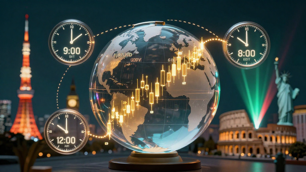 Mappamondo con grafici di trading e orologi delle sessioni Forex per principianti