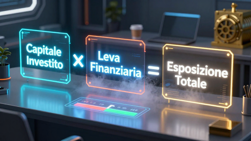 Rappresentazione grafica 3D della formula della leva finanziaria nel trading: Capitale Investito per Leva Finanziaria uguale Esposizione Totale su display olografici.