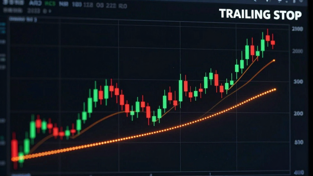 Grafico a candele con linea tratteggiata arancione che mostra il funzionamento del Trailing Stop dinamico