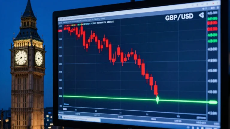 Un monitor finanziario mostra il crollo del grafico a candele rosse del cambio GBP/USD che trova un supporto strategico su una linea verde, con la torre del Big Ben sullo sfondo a sinistra.