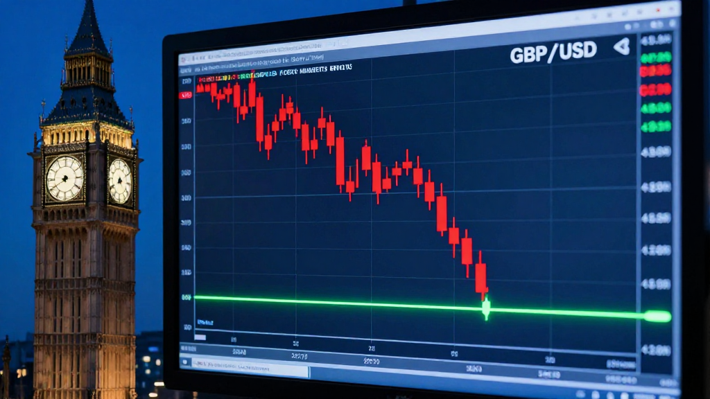 Un monitor finanziario mostra il crollo del grafico a candele rosse del cambio GBP/USD che trova un supporto strategico su una linea verde, con la torre del Big Ben sullo sfondo a sinistra.