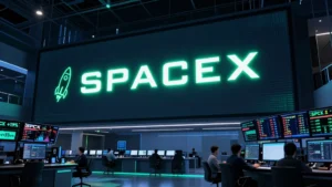 Schermate finanziarie di Wall Street con grafici azionari in rialzo e display luminoso con il logo SpaceX e il ticker SPCX a +19%