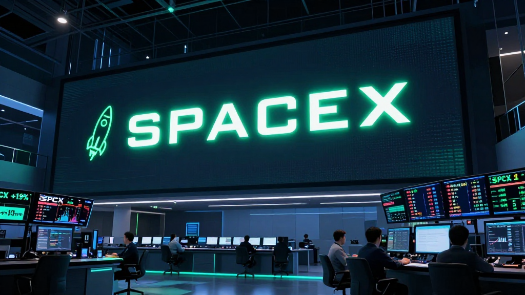 Schermate finanziarie di Wall Street con grafici azionari in rialzo e display luminoso con il logo SpaceX e il ticker SPCX a +19%