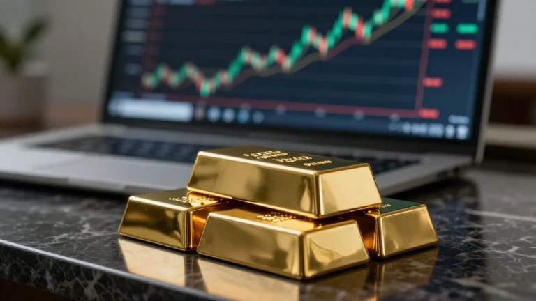Lingotti d'oro su una scrivania finanziaria che rappresentano il rimbalzo della quotazione dell'oro.