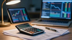 Documenti fiscali e calcolatrice su una scrivania con grafici di trading su laptop e tablet