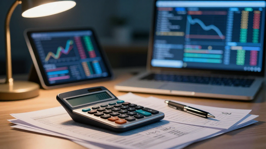Documenti fiscali e calcolatrice su una scrivania con grafici di trading su laptop e tablet