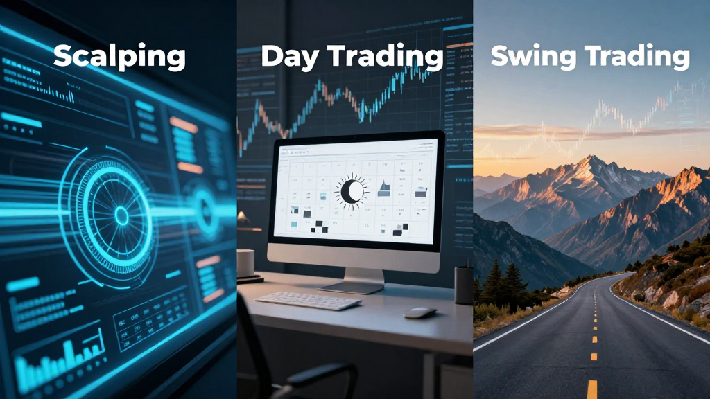 Infografica divisa in tre pannelli che mostra i diversi tipi di trader: interfacce tech per lo scalping, monitor da ufficio per il day trading e una strada di montagna per lo swing trading.