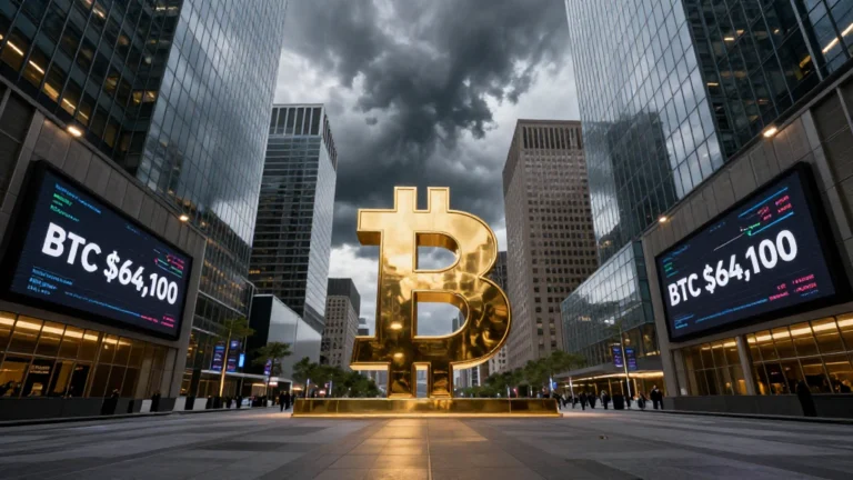 Scultura gigante in oro del Bitcoin al centro di una piazza finanziaria a New York, sovrastata da un cielo scuro e nuvole temporalesche, con i grattacieli sullo sfondo che mostrano la quotazione BTC $64,100