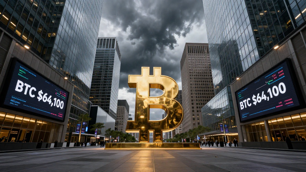 Scultura gigante in oro del Bitcoin al centro di una piazza finanziaria a New York, sovrastata da un cielo scuro e nuvole temporalesche, con i grattacieli sullo sfondo che mostrano la quotazione BTC ,100
