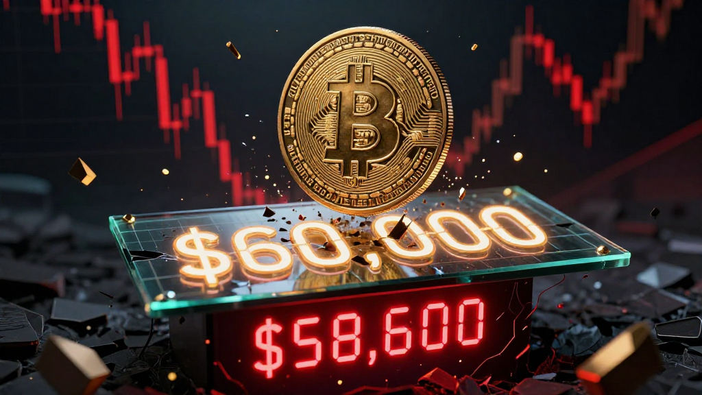 Concetto visivo del Bitcoin che si svaluta a 58.600 dollari dopo aver infranto la barriera di supporto dei 60.000 dollari, con grafico finanziario ribassista sullo sfondo.