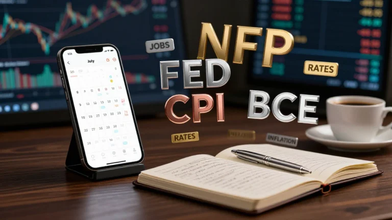 Rappresentazione grafica 3D del calendario economico per il trading con grafici volumetrici a candele su sfondo scuro.