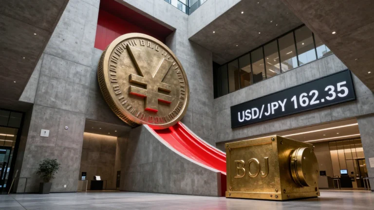 Installazione concettuale all'interno della Banca Centrale Giapponese con una grande moneta di Yen che scivola su un binario rosso bloccata da un cubo d'oro con la scritta BOJ, accanto a un display digitale con il tasso USD/JPY a 162.35