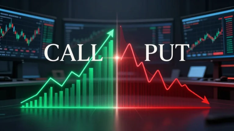 Rappresentazione grafica 3D del funzionamento delle Opzioni Finanziarie Call e Put con grafici volumetrici su sfondo antracite