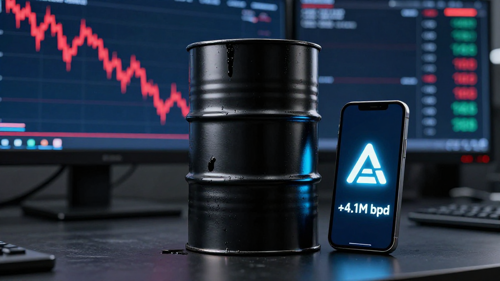 Concetto visivo del record di produzione petrolio degli UAE a 4.1 milioni di barili, con barile di petrolio nero in primo piano e grafico finanziario ribassista del Brent sullo sfondo