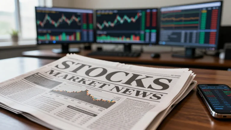 Postazione trading online con grafici azionari e giornale finanziario