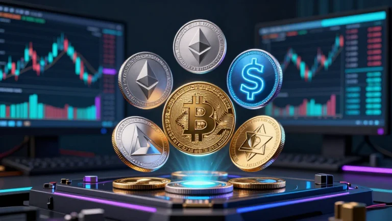 Monete digitali tridimensionali di Bitcoin ed Ethereum fluttuanti davanti a schermi con grafici di trading per la guida di trading-facile.it