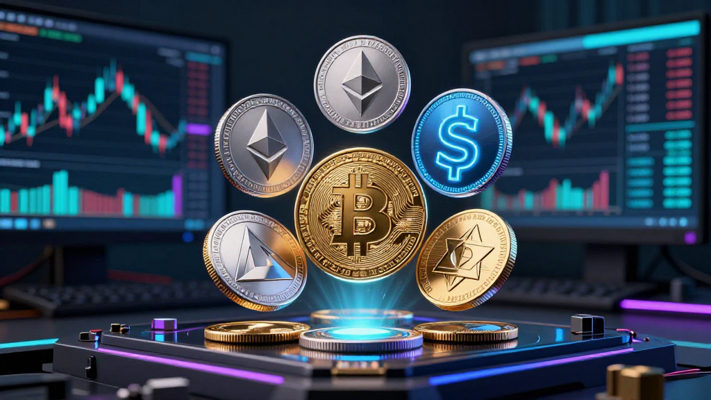 Monete digitali tridimensionali di Bitcoin ed Ethereum fluttuanti davanti a schermi con grafici di trading per la guida di trading-facile.it