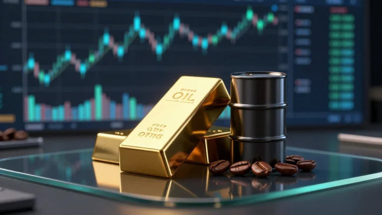 Trading materie prime fondamentali: elementi grafici di oro, petrolio greggio e caffè arabica per investimenti online.